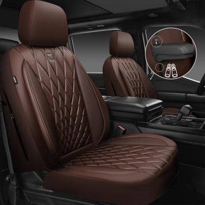CAR PASS Piping Luxury Faux PU Leather Two Front Car Seat Covers, Waterproof Anti Slip Seat Covers Compatible with Front Seat Armrests,Universal Fit for Suvs,Vans,Trucks,Airbag Compatible, All Brown - color: Brown, size: Two Front