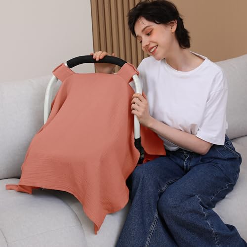 100% Muslin Cotton Car Seat Cover Baby, Carseat Canopy Cover, Universal Fit Stroller Covers for Boys and Girls (Blush) - color: blush
