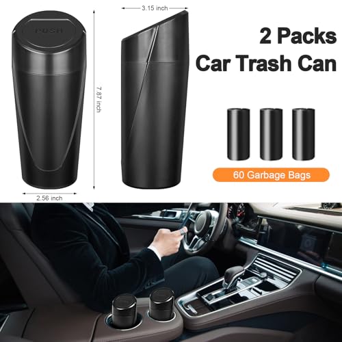 Car Trash Can, 2 Packs Mini Car Trash Bin with Lid, Leakproof Cup Holder Car Garbage Can with 60 Trash Bags, Vehicle Front Back Seat Organizers and Storage for Car, Home, Office, Black - color: Black