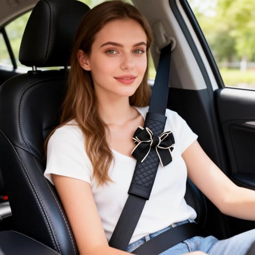 Cute Bow Leather Car Seat Belt Cover Pads,2 Pcs & 4 Pcs Seat Belt Cover for Shoulder, Seatbelt Cushion, Car Seat Strap Pads, Seatbelt Covers for Women (Black,2) - color: Black