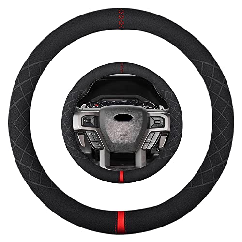 Suede Steering Wheel Cover,Compatible with Ford Expedition F-150 F-250 F-350 Suede Leather Sport Non-Slip Wheel Cover Car Interior Accessories 15.5 16 inch for Man and Women - color: Fit Ford O Shape Suede Red Mark in Black, size: 15.5-16 inch