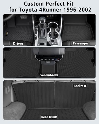 Floor Mats Custom for Toyota 4Runner 1996 1997 1998 1999 2000 2001 2002 Trunk Mat & Backrest Mat All Weather TPE Rubber Cargo Liner Full Set Floor Liners for 3rd Gen 4Runner Accessories, Black - size: For 4Runner 1996-2002 All Mats