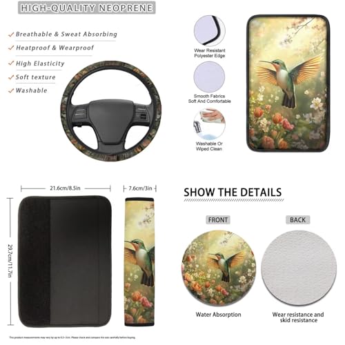 16 Pieces Car Seat Cover Sets for Women, Hummingbird Flower Print Car Front Rear Seat Cover Steering Wheel Cover Seat Belt Pads Arm Rest Cover Coaster, Universal Fit Car Interior Accessories - color: Yellow and Green - Hummingbird Flower
