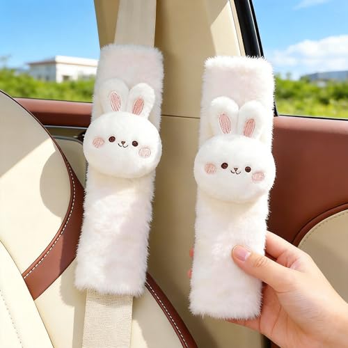 2 PCS Seat Belt Cover Pad, Cute Kawaii Animal Bunny Seatbelt Covers for Kids and Adults, Winter Plush Fluffy Soft Seat Belt Cover, Cartoon Seatbelt Cushion,Car Seat Strap Pads (F-Bunny)