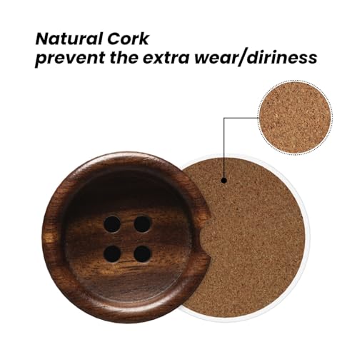Wooden Buttons 2 Pack Car Cup Holder Coasters Absorbent Ceramic Drink Coasters 2.56" Universal Anti Slip Cup Mat with Non-Scratch Cork Base Finger Notch Auto Accessories Interior for Women Men