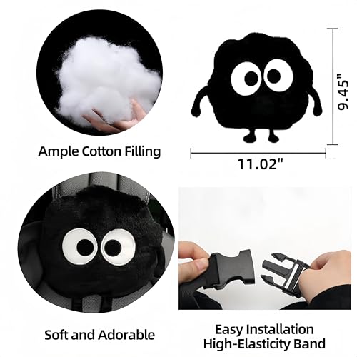 Car Headrest Pillow & Steering Wheel Cover Set with Cute Big-Eyed Furball Travel Neck Support Pillow Fur Car Interior Accessory (Black 5Pcs Set) - color: Black 5pcs Set