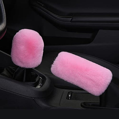 6pcs in 1 Set Fluffy Faux Wool Steering Wheel Cover & Soft Handbrake Cover & Gear Shift Cover & 2pcs Seat Belt Shoulder Pads & Center Console Cover Warm Universal Fit (Pink) - color: Pink