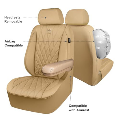 CAR PASS Piping Luxury PU Leather Two Front Car Seat Covers, Waterproof Anti Slip Seat Covers Compatible with Front Seat Armrests,Universal Fit for Suvs,Vans,Trucks,Airbag Compatible(All Beige) - color: All Beige, size: Two Front