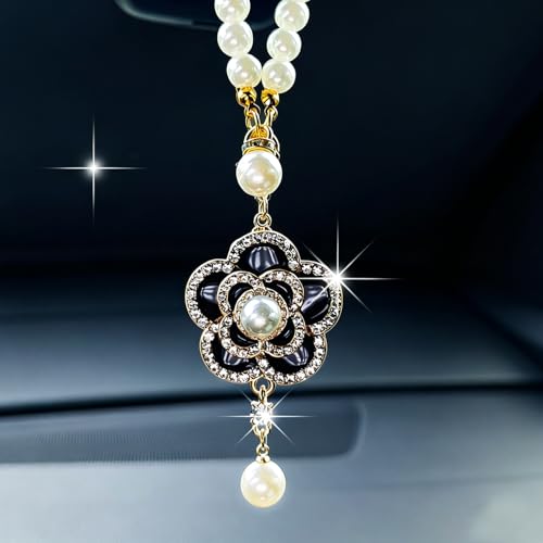 Bling Flower Rear View Mirror Accessories, Cute Car Decor for Women, Pearl Chain with Camellia Car Hanging Accessories Rearview Mirror Charms - color: Black