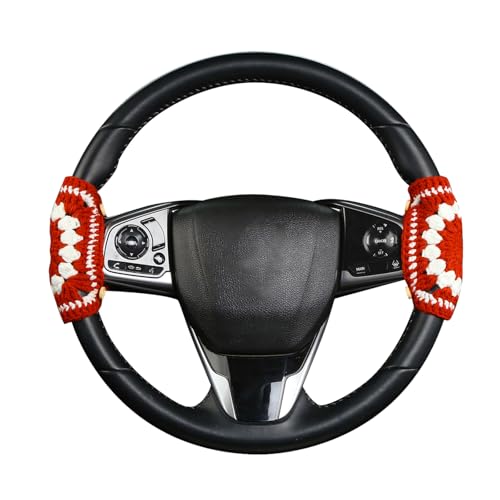 Crochet Steering Wheel Cover, Handmade Red Flower Crochet Fabric Soft Knitted Car Interior Accessories for Women, Cute Steering Wheel Decoration (Red)