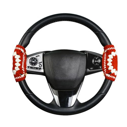 Crochet Steering Wheel Cover, Handmade Red Flower Crochet Fabric Soft Knitted Car Interior Accessories for Women, Cute Steering Wheel Decoration (Red)