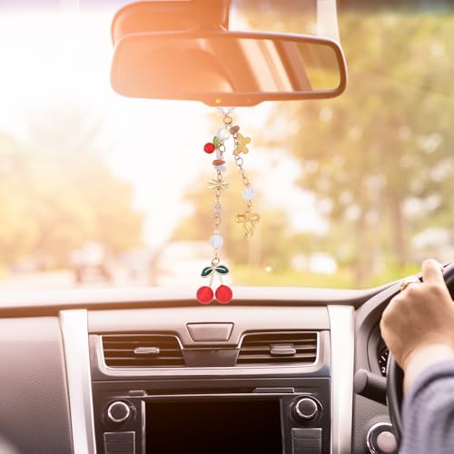 Cherry Bow Rear View Mirror Charm - Gold Crystal Bead Car Suncatcher Pendant, CherrIies Hanging Ornament for Car Accessories, Aesthetic Gift for Women New Driver Friends - style: Cherry Bow
