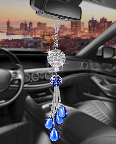 Rearview Mirror Accessories Bling Car Mirror Hanging Accessories Car Decorations for Women Cute Car Decor Car Bling Accessories for Women Bling Accessories for Car Car Mirror Decor(Deep Blue) - color: Deep Blue, size: Round