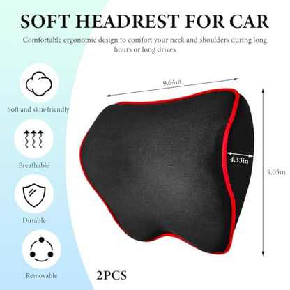 2PCS Car Neck Pillow, Soft Memory Foam Car Seat Neck Support Pillow with Adjustable Strap, Ergonomic Design Removable Headrest Cushion for Neck Pain Fatigue Relief (Black&Red) - color: Black&red