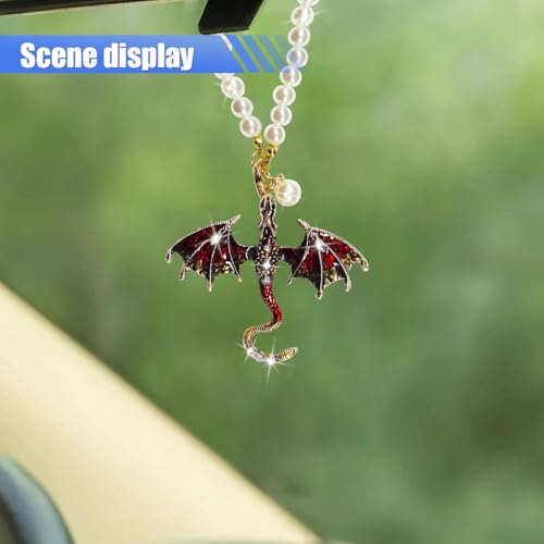 Bling Dragon Car Rear View Mirror Charm, Retro Dragons Automotive Hanging Pendant, Fantasy Rhinestone Pearls Vehicle Mirrors Ornament, Auto Interior Decoration Accessories (Red)