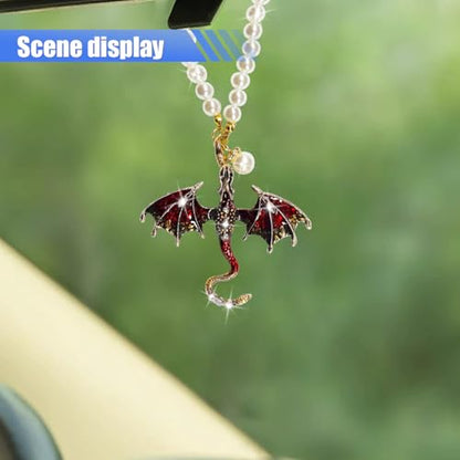 Bling Dragon Car Rear View Mirror Charm, Retro Dragons Automotive Hanging Pendant, Fantasy Rhinestone Pearls Vehicle Mirrors Ornament, Auto Interior Decoration Accessories (Red)