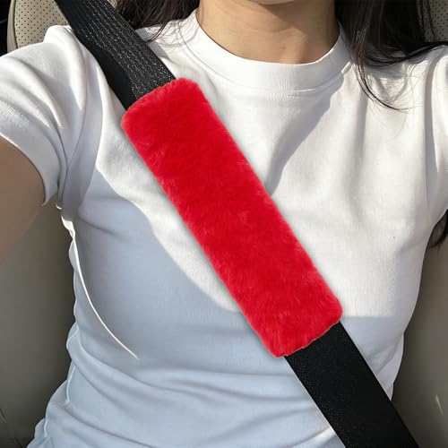 2PCS Car Seat Belt Cover Pads, Fluffy Car Seatbelt Covers, Soft & Comfortable Plush Seat Belt Cushion Protects Shoulder, Auto Safety Belt Strap Cover to Protect Your Neck (Red) - color: Red