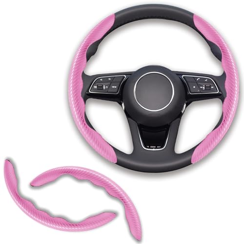 2pcs Universal Fit Carbon Fiber Steering Wheel Cover, Anti-Skid Steering Wheel Cover/Segmented Steering Wheel Protector/Car Interior Accessories (Plik) - color: Pink