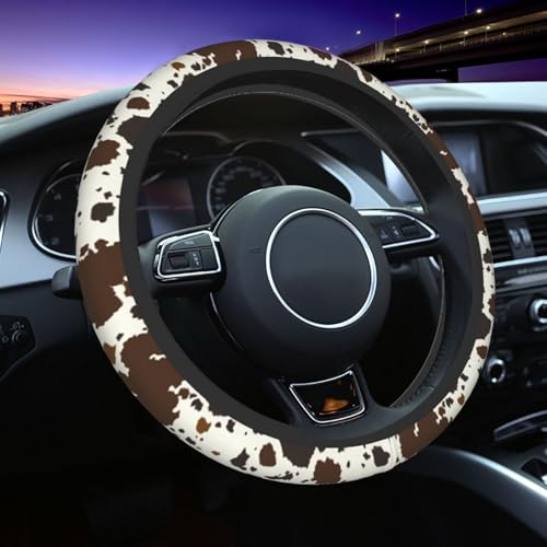Brown Western Cow Print Steering Wheel Cover for Women Men with 2 Pcs Car Coasters, 15 Inches Neoprene Anti-Slip Cute Universal Car Accessories Protective Cover for Vehicle - color: Brown Cow Print