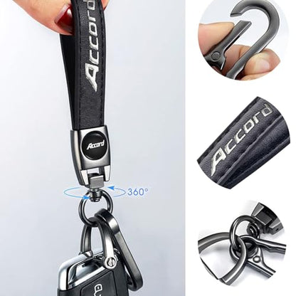 Genuine Leather Car Key Chain Compatible with Honda Accord Accessories Keyring Keychain Accessories Family Present(Black)