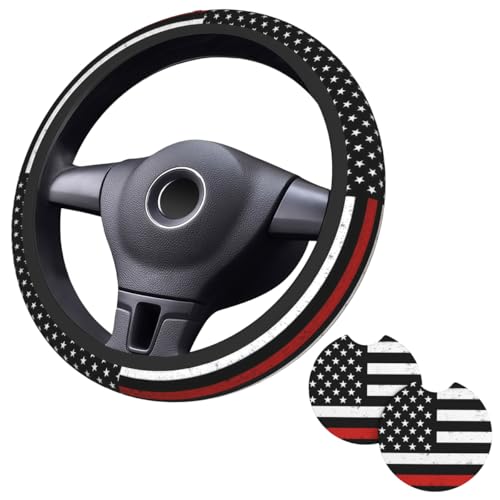 Thin Red Line Steering Wheel Cover - Firefighter American Flag Steering Wheel Covers Car Cup Holder Pad 2 Pack Universal Thin Red Line 15 Inch Auto Anti-Slip Car Wheel Protector - color: Red Line flag