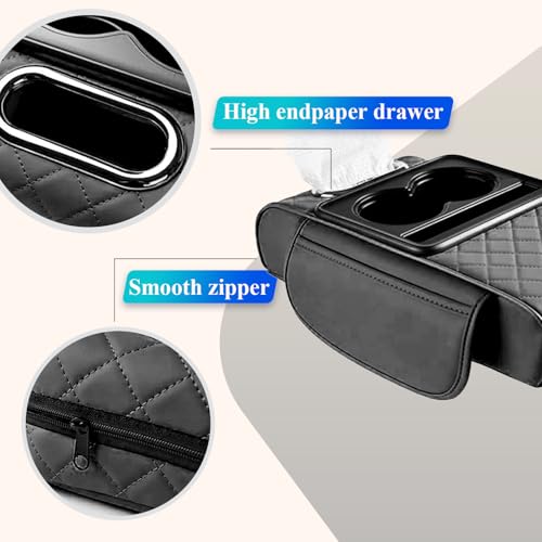 Car Armrest Cover With Cup Holder, Premium Leather Car Armrest Cushion And Tissue Box, Stable Car Center Console Organizer For Drinks, Phone And Small Accessories