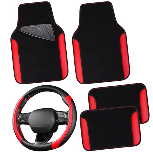 CAR PASS Faux Leather Steering Wheel Cover and Waterproof Car Floor Mats,Universal Car Combo Fit for 95% Sedan,SUV,Cars,14.5-15inch Sporty Anti-Slip Safety Comfortable Design(Black＆Red) - color: Red