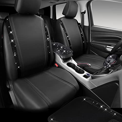 CAR PASS 23 PCS Bling Diamond Car Accessories Set for Women, Leather Seat Covers Full Set Floor Mats Steering Wheel Cover, Coasters Seat Belt Covers Phone Holder Universal Fit Car SUV Truck Van Black - color: Black Diamond