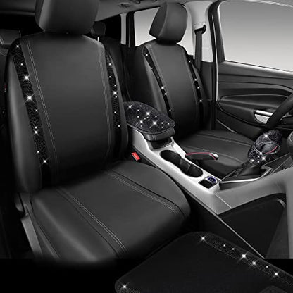 CAR PASS 23 PCS Bling Diamond Car Accessories Set for Women, Leather Seat Covers Full Set Floor Mats Steering Wheel Cover, Coasters Seat Belt Covers Phone Holder Universal Fit Car SUV Truck Van Black - color: Black Diamond