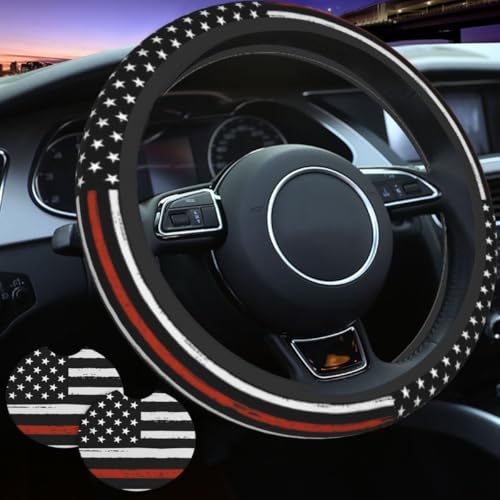 Red Thin Line Steering Wheel Sleeve Red Thin Line American Flag Steering Wheel Sleeve Quality Neoprene Slip-Resistant Includes 2 Car Cup Coasters Decor for 15-Inch Men Women Car Wheel Protector - color: Red Thin Line Flag