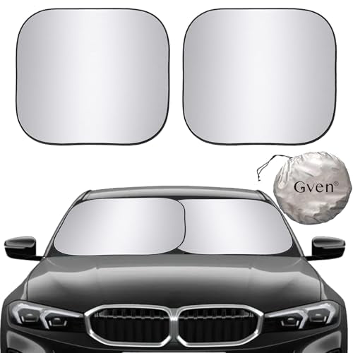 Gven Windshield Sun Shade 2pcs with Bonus Car Sunshade for Front Window Shades 2025 Technology Reflect UV and Heat Sun Visor Automotive Interior Sun Protection (Silver, S) - color: Silver, size: Standard