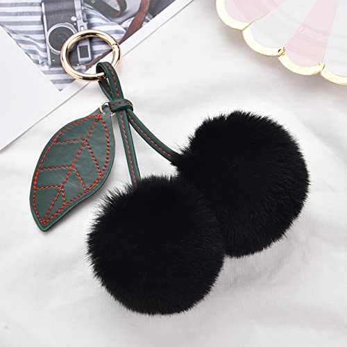 Cute Faux Rabbit Fur Ball Pom Pom Keychain Car Key Ring Handbag Tote Bag Pendant Purse Charm - color: Cherry-black