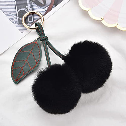 Cute Faux Rabbit Fur Ball Pom Pom Keychain Car Key Ring Handbag Tote Bag Pendant Purse Charm - color: Cherry-black