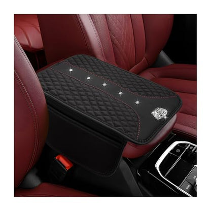 Bling Crown Car Center Console Cover, Crystal Leather Auto Armrest Box Cushion with 2 Storage Bags, Universal Crown Middle Console Cover Arm Rest Protector for Most Vehicles (Black) - color: Black