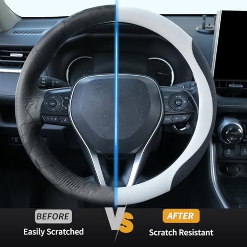 Uxcer Nappa Leather Steering Wheel Cover, Universal 14.5–15 Inch Non-Slip Breathable Steering Wheel Cover for Cars, White - color: White