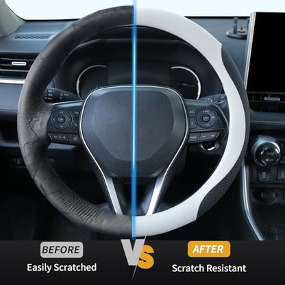 Uxcer Nappa Leather Steering Wheel Cover, Universal 14.5–15 Inch Non-Slip Breathable Steering Wheel Cover for Cars, White - color: White