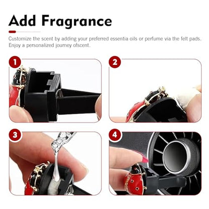 2 PCS Bling Car Air Vent Clips, 3D Rhinestone Lady Beetle Straight Outlet Ornament, Alloy Rustproof Refillable Diffuser Clip, Interior Decoration Part for Woman Girls (Red)
