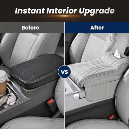 Car Center Console Cover with Tissue Box Holder, Foam Auto Armrest Cushion Pad with Side Storage Pockets, Multifunctional Waterproof PVC Leather Car Armrest Box Mat, Universal Fit, White - color: White-2