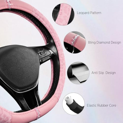 Road Comforts Leopard Steering Wheel Cover for Women, Cute Anti-Slip Microfiber Leather, Fits D Shape Flat Bottom Steering Wheel 14.5-15 Inch - Pink and Pink Leapoard - color: D Shape-All Pink