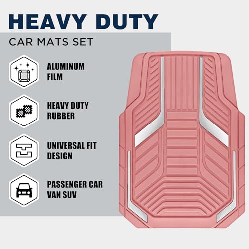 PIC AUTO Heavy Duty Pink Rubber Floor Mats, Silver Aluminum Film Car Mats Set, Front and Rear Car Mats with Anti-Slip Backing, All Weather Protection, Trim-to-Fit for Automotive SUV, Sedan, Van