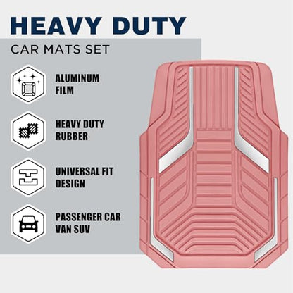 PIC AUTO Heavy Duty Pink Rubber Floor Mats, Silver Aluminum Film Car Mats Set, Front and Rear Car Mats with Anti-Slip Backing, All Weather Protection, Trim-to-Fit for Automotive SUV, Sedan, Van