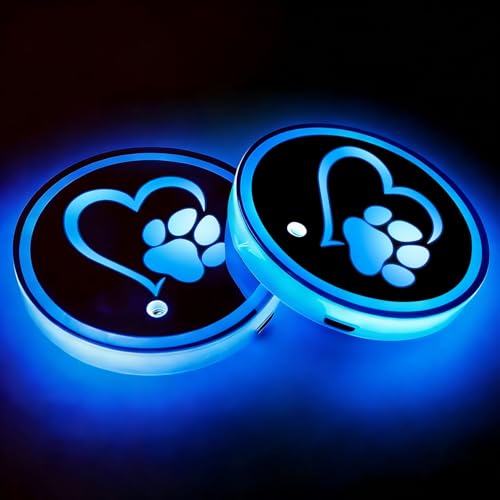 Heart Dog Paw LED Cup Holder Lights for Car,2Pcs LED Light Up Cup Holder Coasters with USB Charging 7 Colors,Waterproof Interior Atmosphere Lamp,Car Decor Accessories Gifts for Women Men Pet Love - color: Paw With Heart
