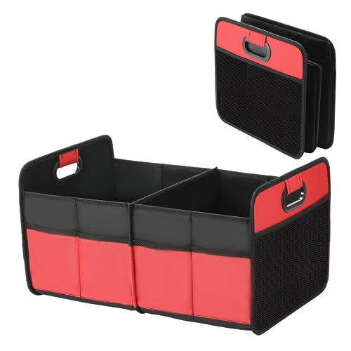 YSSOA 2 Compartments Car Trunk Organizer, 600D Waterproof Oxford Polyester Car Storage, Anti-slip 14" D x 22" W x 12" H Collapsible Trunk Storage, Suitable for SUV, Minivan, Truck, Red - color: Red, size: 1 Pack, style: 2 Compart