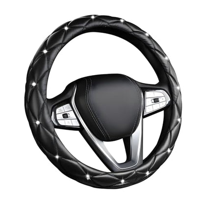 Bling Crystal Steering Wheel Cover, 15 Inch Soft Leather Sparkling Rhinestone Steering Wheel Protector, Universal Anti-Slip Steering Wheel Pad for Women Girls, Car Accessories (Black) - color: Black