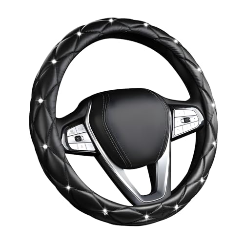Bling Crystal Steering Wheel Cover, 15 Inch Soft Leather Sparkling Rhinestone Steering Wheel Protector, Universal Anti-Slip Steering Wheel Pad for Women Girls, Car Accessories (Black) - color: Black