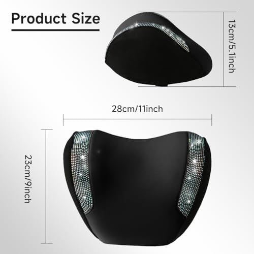 2 Pack Diamond Car Neck Pillow for Women, Memory Foam Neck Pillow for Chair for Lower Back Pain Relief, Car Headrest Pillow with Adjustable Strap, Comfort Softness Neck Support Pillow(Black)