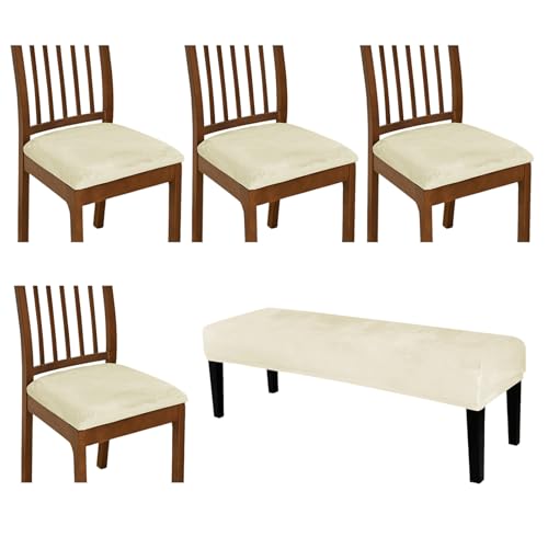 KRFOONN Velvet Chair Seat Covers for Dining Room Chairs Set of 4 with Bench Cover Washable Removable Kitchen Chair Seat Slipcovers Upholstered Bench Slipcover Seat Protector for Dining Room, A27 - color: Color A27