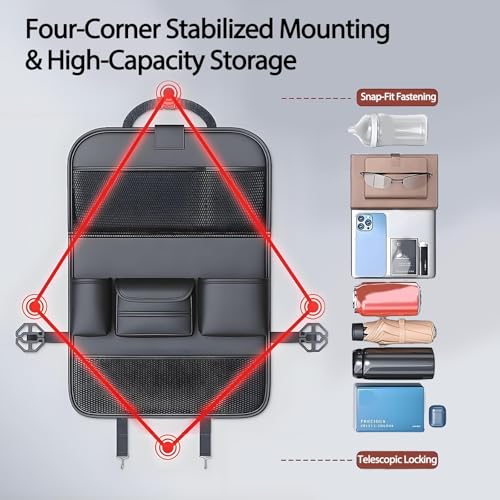 Foldable Car Backseat Organizer with Table Tray, Car Seat Back Protector with Touch Screen Phone Holder, Premium Leather Kick Mats with Storage Pockets Tissue Holder (Black)