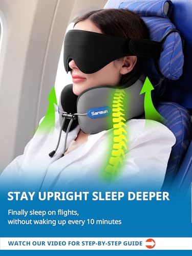 SARISUN Neck Pillow Airplane,Travel Pillow with Strap, Combo with 3D Eye Mask for Sleep, Dual-Density Supportive Foam Airplane Pillow for Long Flights, Car Road Trip Travel Essentials Grey - color: Grey&black