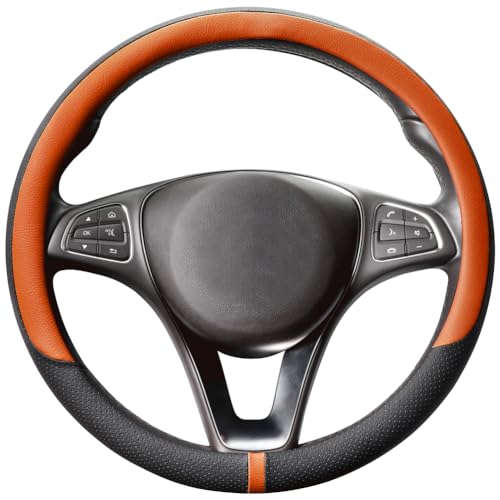 Breathable Car Steering Wheel Cover 15 inch Auto Universal Leather Wrap Non-Slip Steeringwheel Protector Automotive Interior Accessories, Purple (Suit for 14.5-15 inch) - color: A-Orange, size: M (14.5"-15")